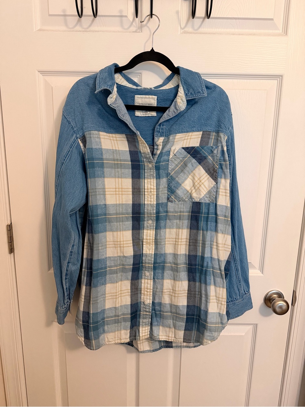 American Eagle Outfitters Light Blue and Navy Plaid Button-Up with Denim Yoke